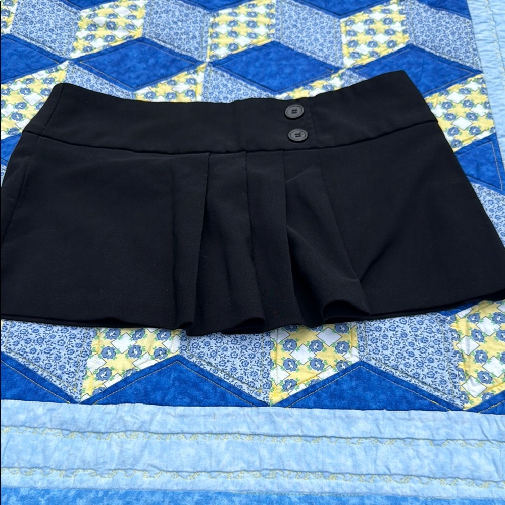 Black Pleated Mini Skirt with Button Detail